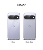 Google Pixel 11 Case | Fusion Matte - A color comparison graphic showing two views of a phone case on a white background, labeled 'Color' at the top. The left case is labeled 'Clear' and appears transparent with a light phone showing through; the right case is labeled 'Matte Clear' and appears frosted/translucent with a soft lavender tint.