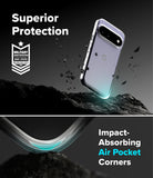 Google Pixel 11 Case | Fusion Matte - A clear protective phone case shown floating above dark rocky terrain, with marketing text reading 'Superior Protection' and 'Impact-Absorbing Air Pocket Corners.' The case appears transparent with a slight blue glow along the edge, and a military impact-protection badge is visible on the left.