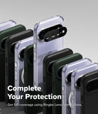 Google Pixel 11 Case | Fusion Matte - A promotional product shot showing several smartphone cases in different colors arranged in a fan-like layout. One clear case has a black camera lens protector overlay, and large text at the bottom reads 'Complete Your Protection' with smaller text about Ringke Lens Frame Glass.