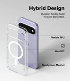 Google Pixel 11 Case | Fusion Magnetic - Clear hybrid phone case shown with a lavender smartphone on a light gray background, with text reading 'Hybrid Design' and callouts for Flexible TPU, Hard PC, and Neodymium Magnet.