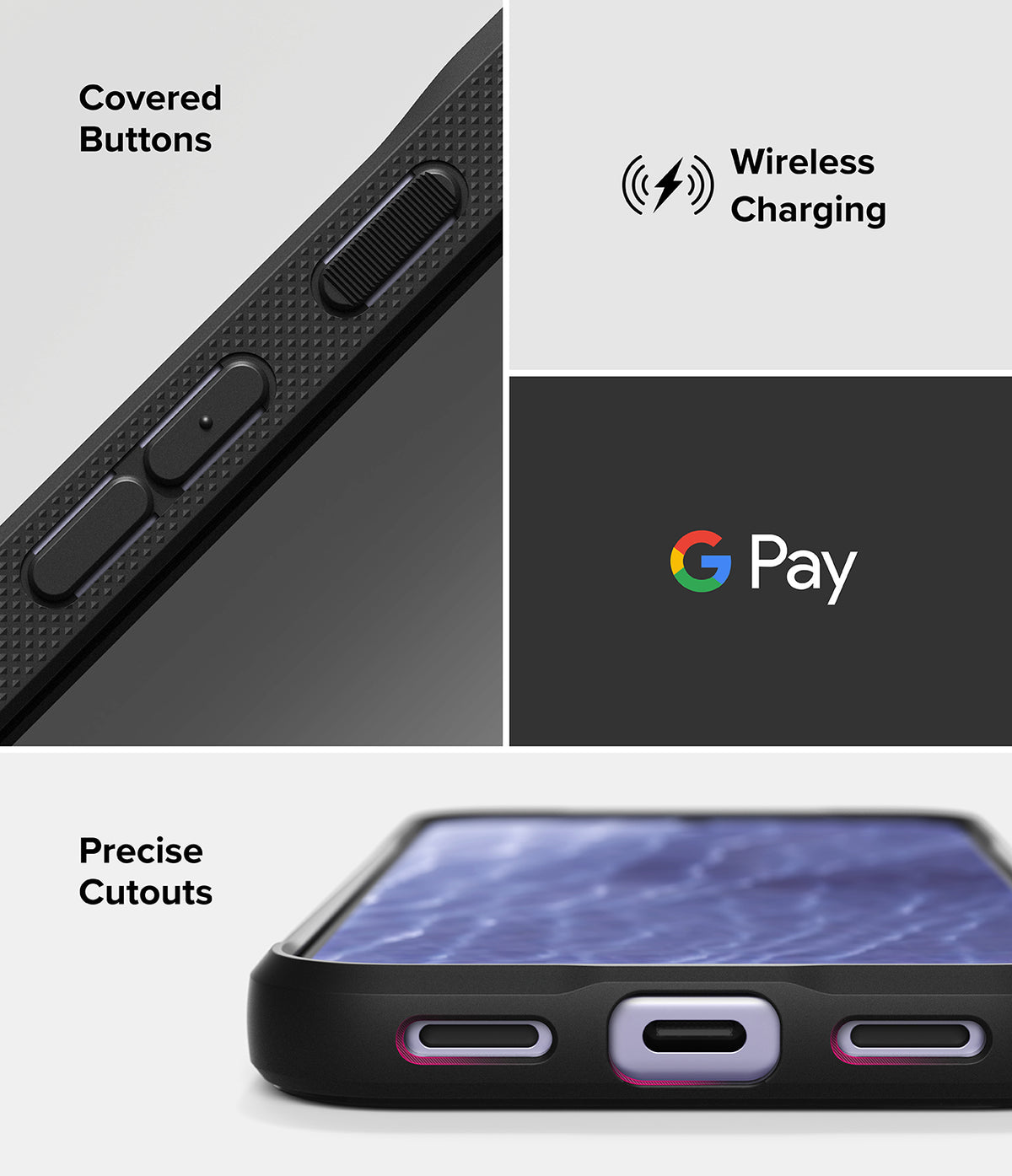 Google Pixel 11 Case | Onyx - A black protective smartphone case shown in a multi-panel feature graphic. The top-left panel shows a close-up of covered buttons with text reading 'Covered Buttons.