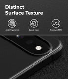 Google Pixel 11 Case | Onyx - Close-up of a black phone case with a raised camera bezel and a circular cutout, shown on a dark textured background with marketing text reading 'Distinct Surface Texture,' 'Anti-Fingerprint,' 'Easy to clean,' and 'Premium TPU.'.