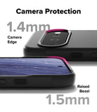 Google Pixel 11 Case | Onyx - Black phone camera protection case shown from the back and side, with text labels indicating 1.4mm camera edge and 1.5mm Raised Bezel