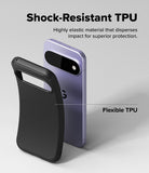 Google Pixel 11 Case | Onyx - Two phone cases shown on a light gray studio background with marketing text: a black case labeled 'Shock-Resistant TPU' in front and a lavender phone inside a case labeled 'Flexible TPU' behind it. No person, animal, or real environment is present, so this is Product/Packaging rather than Lifestyle.