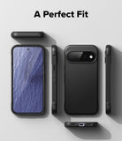 Google Pixel 11 Case | Onyx - A black protective smartphone case shown from multiple angles on a light gray background, with the text 'A Perfect Fit' at the top. The views include the back with a large camera cutout, side profile, front with a phone inserted, and a bottom view showing a charging port.