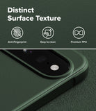 Google Pixel 11 Case | Onyx - Dark green textured phone case shown close-up with a raised camera surround, on a matching textured background. White text at the top reads 'Distinct Surface Texture' with icons for Anti-Fingerprint, Easy to clean, and Premium TPU.