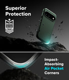 Google Pixel 11 Case | Onyx - A dark green phone case shown floating above a rocky surface with debris, under the text 'Superior Protection' and a military impact-test badge. The lower section shows the case corner absorbing impact with the text 'Impact-Absorbing Air Pocket Corners.