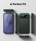 Google Pixel 11 Case | Onyx - A dark green protective phone case shown from multiple angles on a light gray background, with the text 'A Perfect Fit' at the top. The views include the back of the phone in the case, side profiles, and a bottom view showing the charging port opening.