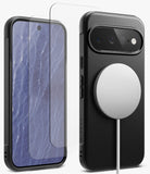 [Bundle] Google Pixel 11 | Onyx Magnetic (BK) + Screen Protectors - Two smartphone cases shown on a clean white background: a transparent screen protector overlay on the left phone case, and a black textured case with a large circular MagSafe-compatible ring on the right phone case. No person, animal, or real environment is present.