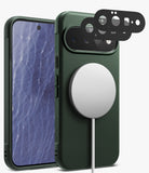[Bundle] Google Pixel 11 | Onyx Magnetic (GRN) + Camera Protectors - A dark green protective phone case shown from the front and back, with a white MagSafe-style magnetic ring attached to the back. Two black camera lens protectors are floating above the camera cutout area.
