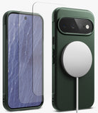 [Bundle] Google Pixel 11 | Onyx Magnetic (GRN) + Screen Protectors - A dark green textured phone case shown from the back with a MagSafe-style magnetic ring attached, alongside a matching transparent screen protector displayed over the front view of the phone.