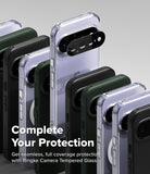 Google Pixel 11 Case | Onyx Magnetic - A promotional render showing multiple smartphone cases in different colors arranged in a fan-like layout, with one clear case highlighted and a black camera guard piece shown in front. Large text reads 'Complete Your Protection' and smaller text says 'Get seamless, full coverage protection with Ringke Camera Tempered Glass.