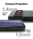 Google Pixel 11 Case | Onyx Magnetic - Dark green phone camera protection case shown from two angles with text overlays indicating 1.4mm camera edge and 1.