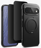[Bundle] Google Pixel 11 | Onyx Ring + Privacy Protectors - A black textured phone case with a circular MagSafe ring on the back, shown alongside two black protective screen films on a clean white background.