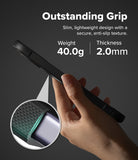 Google Pixel 11 Case | Onyx Ring - A hand holding a slim black smartphone case against a dark gray background, with marketing text reading 'Outstanding Grip' and feature callouts for weight 40.0g and thickness 2.