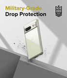 Google Pixel 7 Case | Fusion Matte - A clear phone case floating above a concrete surface with debris and a military-grade protection badge.