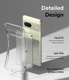 Google Pixel 7 Case | Fusion Matte - Exploded view showing hard PC back, soft TPU frame, and lanyard holes on a Pixel 7.