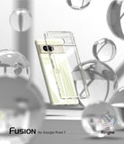 Google Pixel 7 Case | Fusion Matte - A clear phone case floating in front of a light yellow Google Pixel 7 amidst glass spheres.