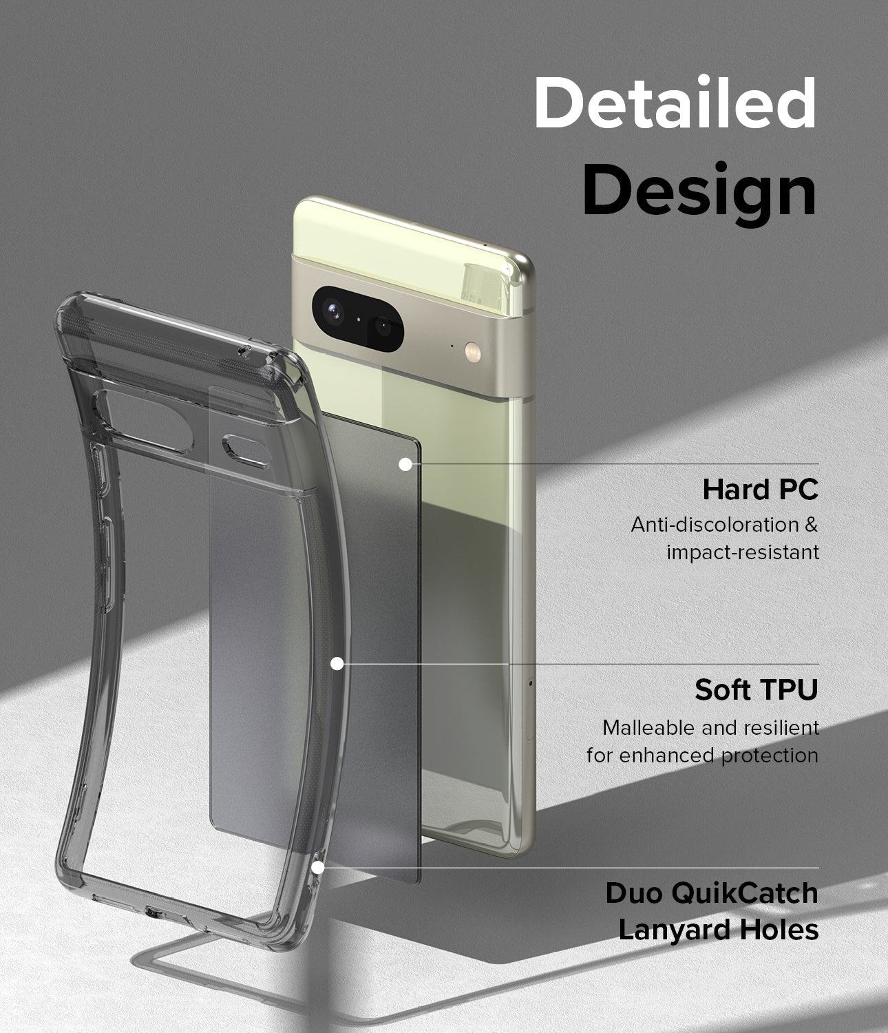 Google Pixel 7 Case | Fusion Matte - Exploded view of a Pixel 7 phone case highlighting hard PC, soft TPU, and lanyard holes.