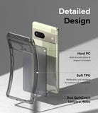 Google Pixel 7 Case | Fusion Matte - Exploded view of a Pixel 7 phone case highlighting hard PC, soft TPU, and lanyard holes.