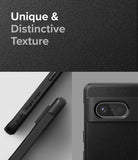Google Pixel 7 Case | Onyx - Close-up of black textured phone case showing side grip, camera bar, and "Unique & Distinctive Texture" text.
