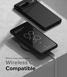 Google Pixel 7 Case | Onyx - Black phone case on a wireless charger with a phone screen showing charging status.