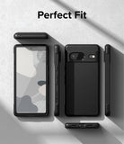 Google Pixel 7 Case | Onyx - Multiple views of a black phone case showing front, back, and side profiles on a gray surface.