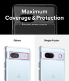 Google Pixel 7a Case | Fusion - Clear - Comparison showing precise camera cutouts on a clear phone case versus a generic case.