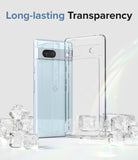 Google Pixel 7a Case | Fusion - Clear - Light blue phone and clear case standing among ice cubes with text Long-lasting Transparency.