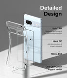 Google Pixel 7a Case | Fusion - Clear - Exploded view of a clear phone case highlighting TPU, PC, micro-dots, and lanyard holes.