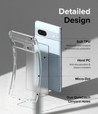 Google Pixel 7a Case | Fusion Matte - Exploded view of a clear phone case highlighting TPU, PC, micro-dot, and lanyard features.