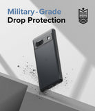 Google Pixel 7a Case | Fusion Matte - Matte black phone case floating above a ledge with military-grade drop protection.