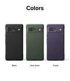 Google Pixel 7a Case | Onyx - Three textured phone cases in black, dark green, and purple arranged side-by-side.