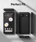 Google Pixel 7a Case | Onyx - Multiple views of a black phone case showing front, back, and side profiles on a gray surface.