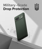 Google Pixel 7a Case | Onyx - Dark green textured phone case floating above a grey surface with military-grade protection text.