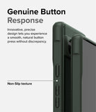 Google Pixel 7a Case | Onyx - Close-up of a dark green phone case showing tactile buttons and a textured non-slip side grip.