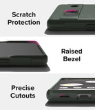Google Pixel 7a Case | Onyx - Three close-up views highlighting scratch protection, raised screen bezels, and precise cutouts.