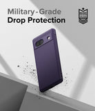 Google Pixel 7a Case | Onyx - Dark purple phone case floating above a concrete surface with military-grade protection text.