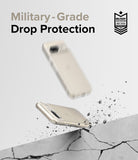Google Pixel 8a Case | Fusion - A clear phone case bouncing off a cracked concrete surface with military-grade protection text.