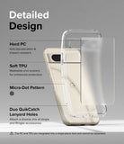 Google Pixel 8a Case | Fusion - Exploded view of a clear phone case highlighting PC, TPU, micro-dot pattern, and lanyard holes.