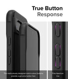 Google Pixel 8a Case | Onyx - Close-up of black phone case buttons with precise cutouts for tactile response.