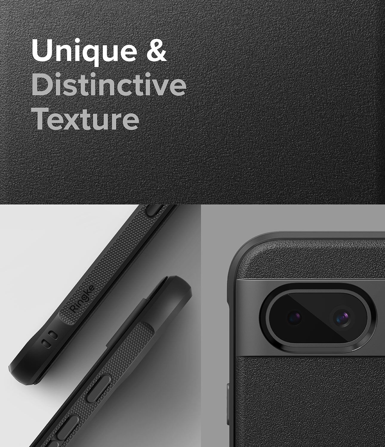 Google Pixel 8a Case | Onyx - Close-up of a black phone case with a textured finish, showing side buttons and camera cutout.