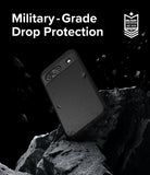 Google Pixel 8a Case | Onyx - Black phone case on a rock with floating debris and military-grade drop protection text.