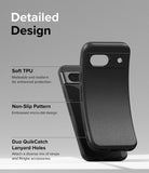 Google Pixel 8a Case | Onyx - Black phone case showing TPU material, micro-dot texture, and lanyard holes with descriptive text.
