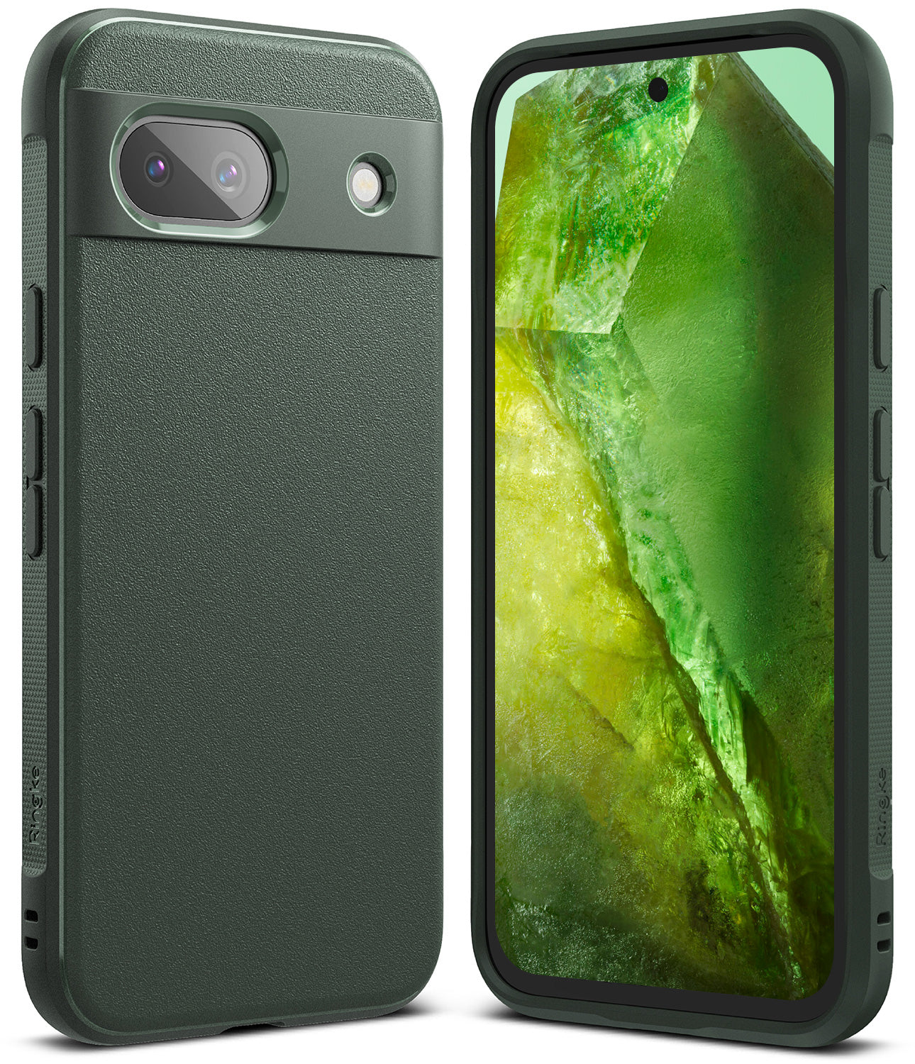 Google Pixel 8a Case | Onyx - Matte dark green phone case shown from back and front with a green crystal screen wallpaper.