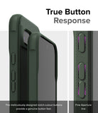 Google Pixel 8a Case | Onyx - Close-up of dark green phone case buttons with notch cutouts for tactile response.