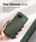 Google Pixel 8a Case | Onyx - Hand holding a dark green phone case with a textured back and micro-dot grip on the sides.