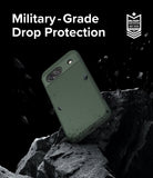 Google Pixel 8a Case | Onyx - Olive green phone case floating above jagged black rocks with military-grade drop protection text.