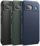 Google Pixel 8a Case | Onyx - Three textured phone cases in black, green, and blue, each with a camera cutout and side buttons.