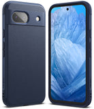 Google Pixel 8a Case | Onyx - Navy blue textured protective case shown from the back and front with an icy blue screen.